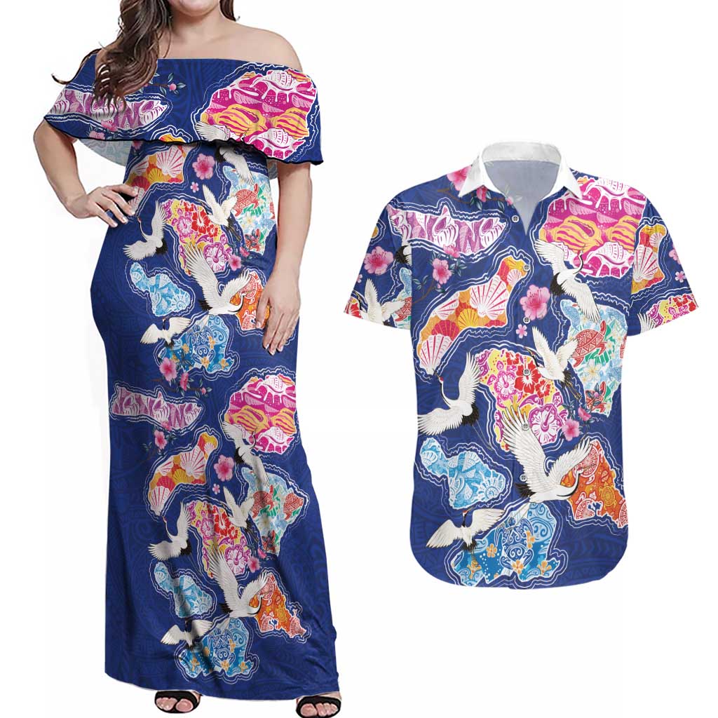 Hawaiian and Japanese Culture Together Couples Matching Off Shoulder Maxi Dress and Hawaiian Shirt Hawaiian Archipelago Shape Sea Animals LT03 Multicolor - Polynesian Pride