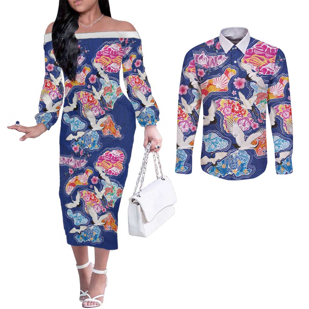 Hawaiian and Japanese Culture Together Couples Matching Off The Shoulder Long Sleeve Dress and Long Sleeve Button Shirt Hawaiian Archipelago Shape Sea Animals LT03 Multicolor - Polynesian Pride