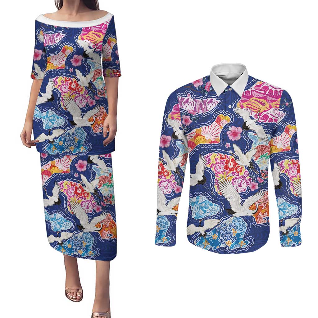 Hawaiian and Japanese Culture Together Couples Matching Puletasi and Long Sleeve Button Shirt Hawaiian Archipelago Shape Sea Animals