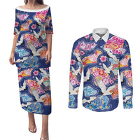 Hawaiian and Japanese Culture Together Couples Matching Puletasi and Long Sleeve Button Shirt Hawaiian Archipelago Shape Sea Animals