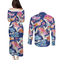 Hawaiian and Japanese Culture Together Couples Matching Puletasi and Long Sleeve Button Shirt Hawaiian Archipelago Shape Sea Animals