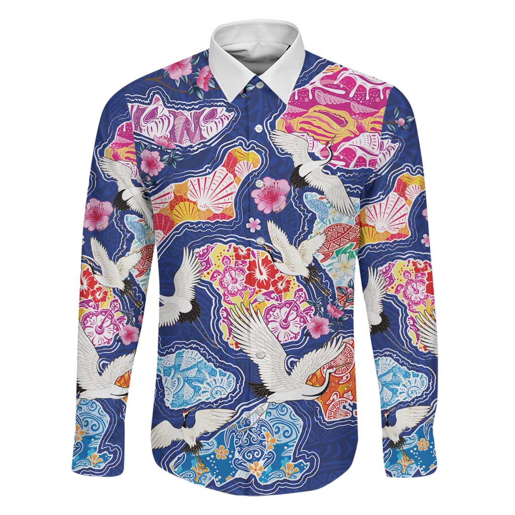 Hawaiian and Japanese Culture Together Family Matching Mermaid Dress and Hawaiian Shirt Hawaiian Archipelago Shape Sea Animals LT03 Dad's Shirt - Long Sleeve Multicolor - Polynesian Pride