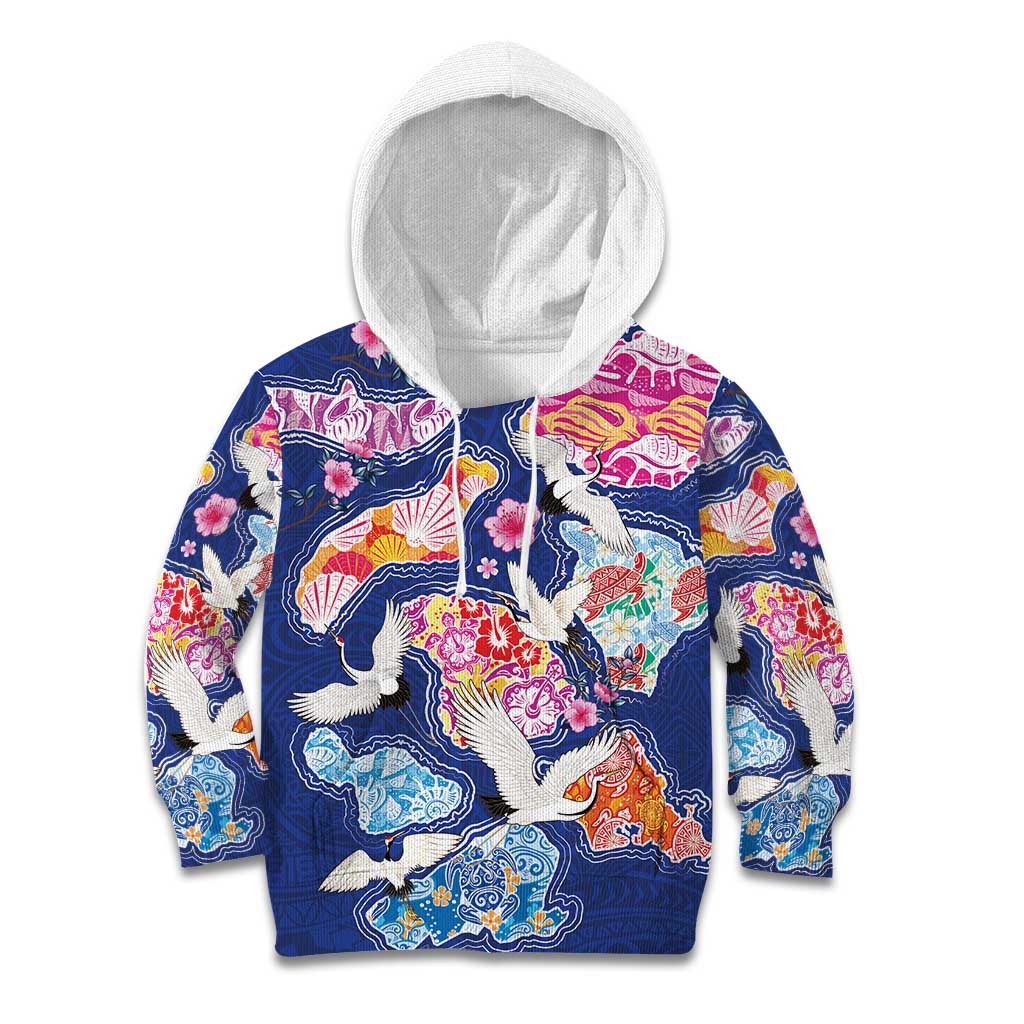 Hawaiian and Japanese Culture Together Kid Hoodie Hawaiian Archipelago Shape Sea Animals