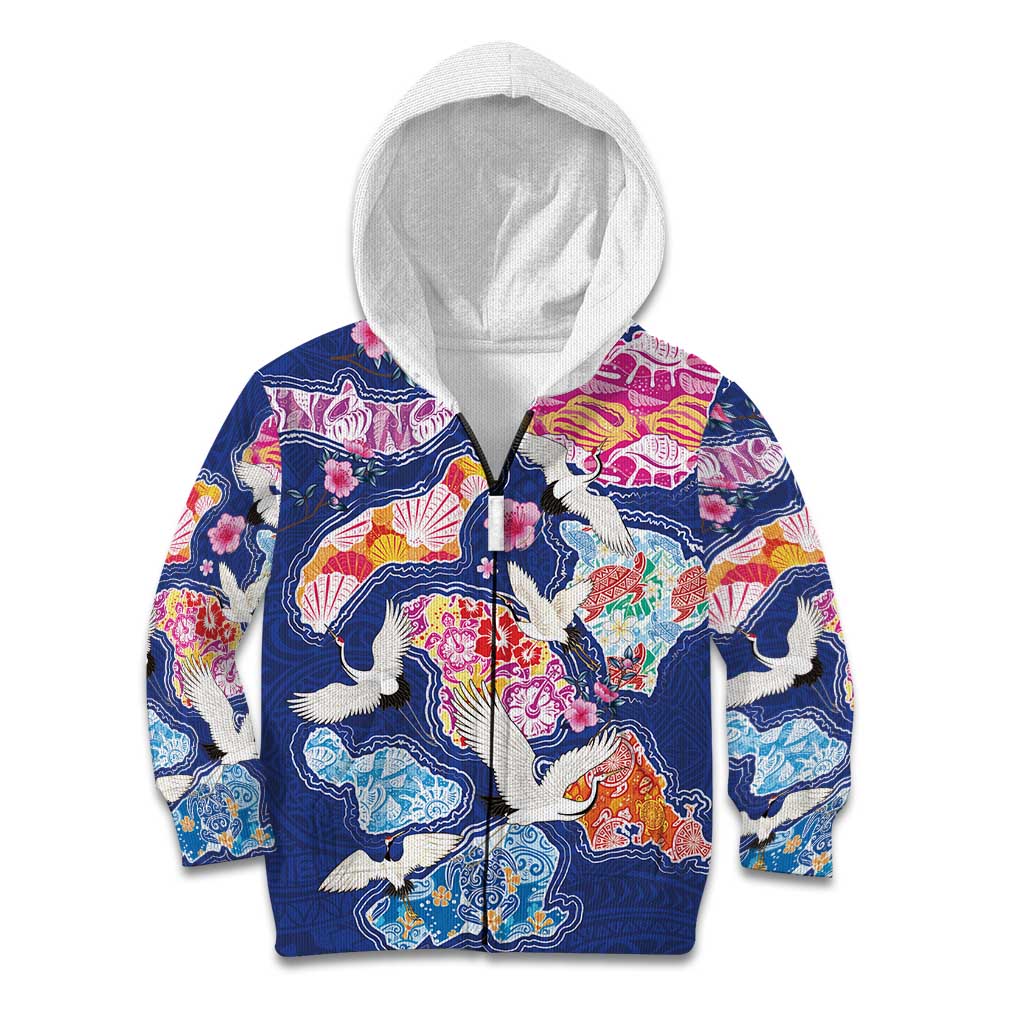 Hawaiian and Japanese Culture Together Kid Hoodie Hawaiian Archipelago Shape Sea Animals