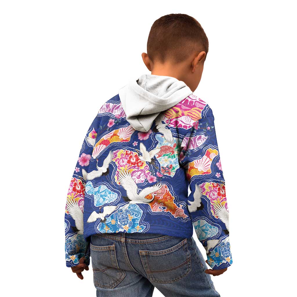 Hawaiian and Japanese Culture Together Kid Hoodie Hawaiian Archipelago Shape Sea Animals