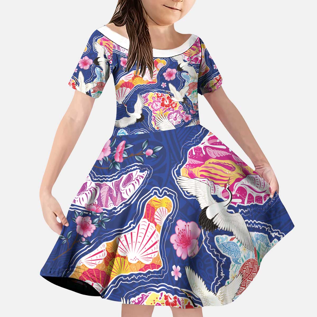 Hawaiian and Japanese Culture Together Kid Short Sleeve Dress Hawaiian Archipelago Shape Sea Animals