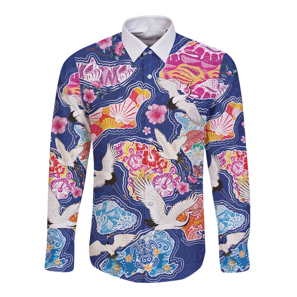 Hawaiian and Japanese Culture Together Long Sleeve Button Shirt Hawaiian Archipelago Shape Sea Animals LT03 Unisex Multicolor - Polynesian Pride