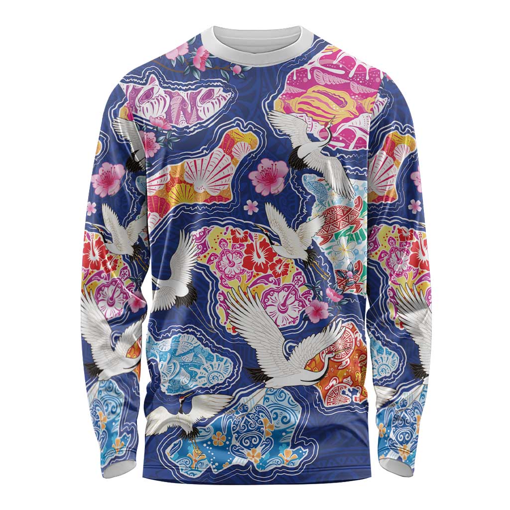 Hawaiian and Japanese Culture Together Long Sleeve Shirt Hawaiian Archipelago Shape Sea Animals