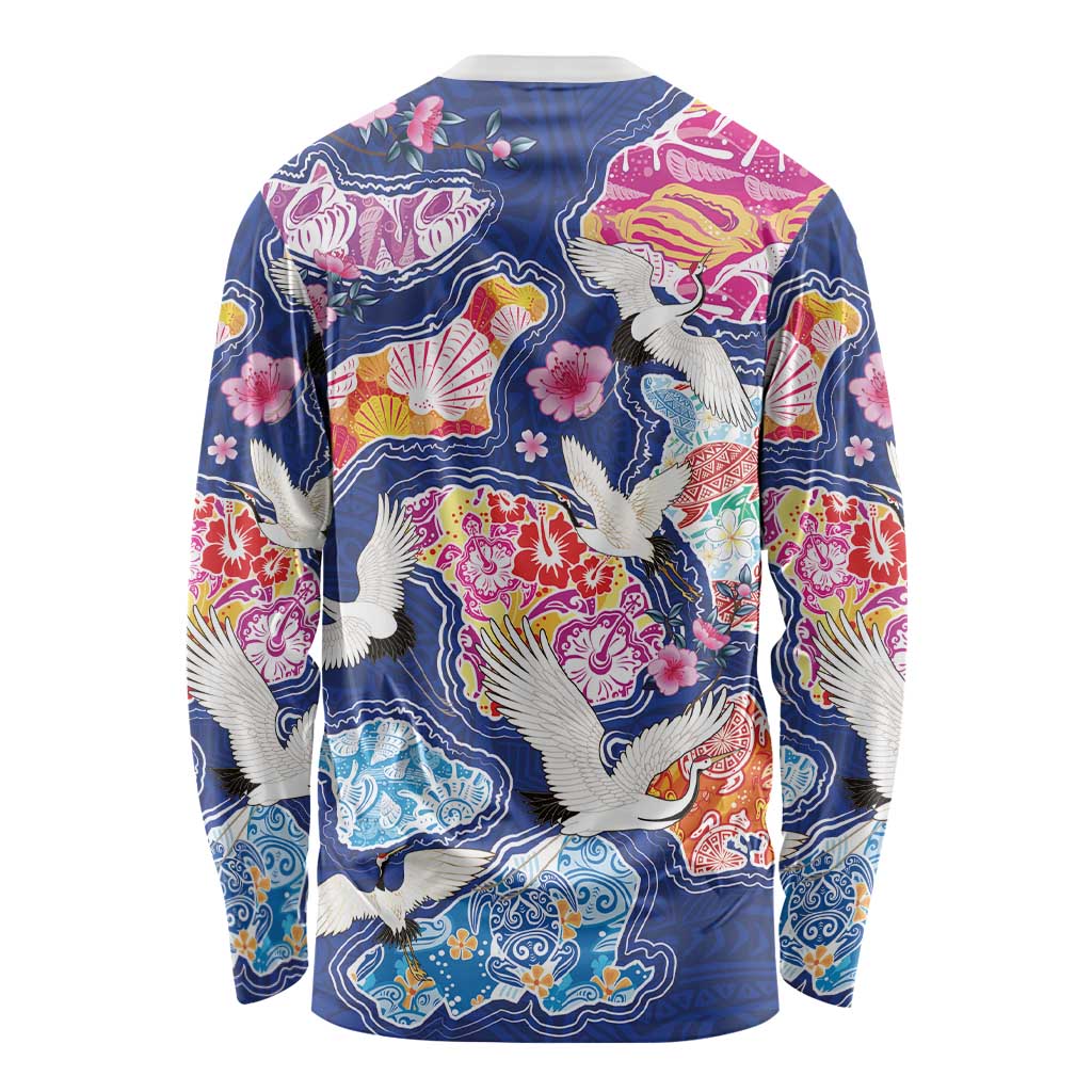 Hawaiian and Japanese Culture Together Long Sleeve Shirt Hawaiian Archipelago Shape Sea Animals