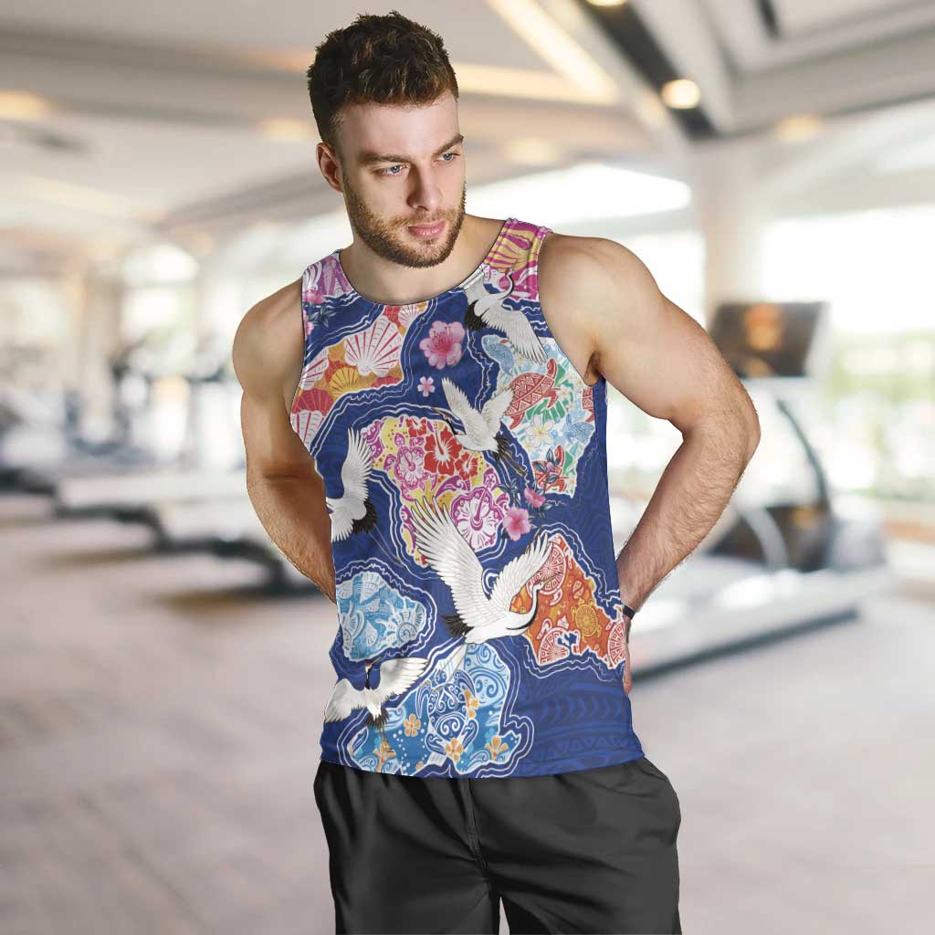 Hawaiian and Japanese Culture Together Men Tank Top Hawaiian Archipelago Shape Sea Animals