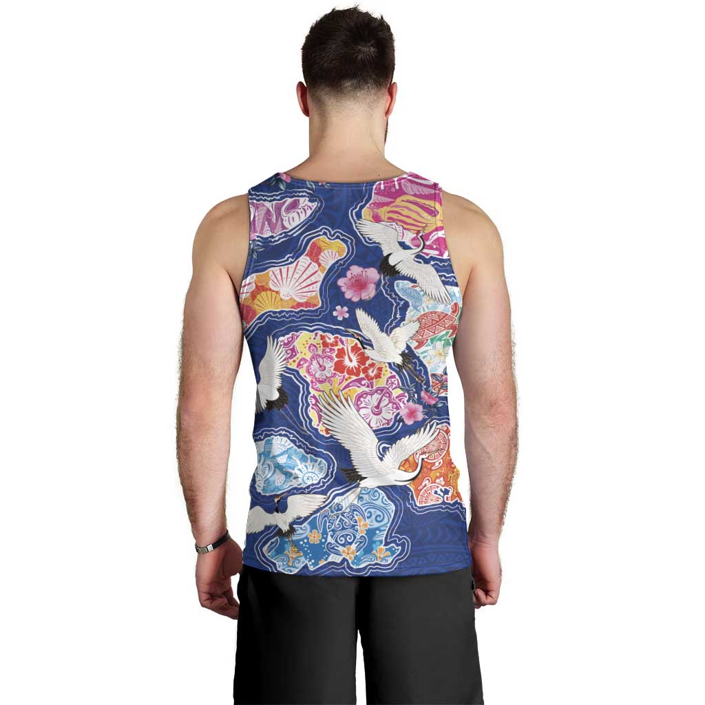 Hawaiian and Japanese Culture Together Men Tank Top Hawaiian Archipelago Shape Sea Animals