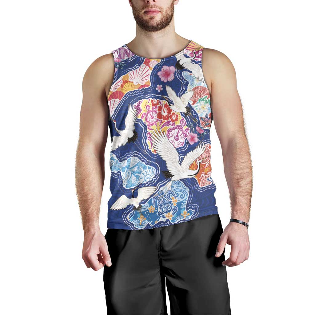 Hawaiian and Japanese Culture Together Men Tank Top Hawaiian Archipelago Shape Sea Animals