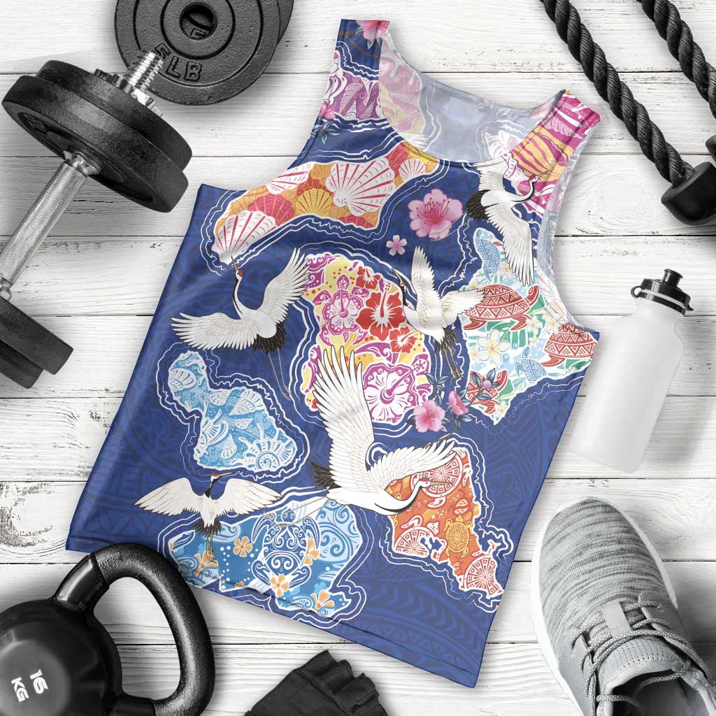 Hawaiian and Japanese Culture Together Men Tank Top Hawaiian Archipelago Shape Sea Animals