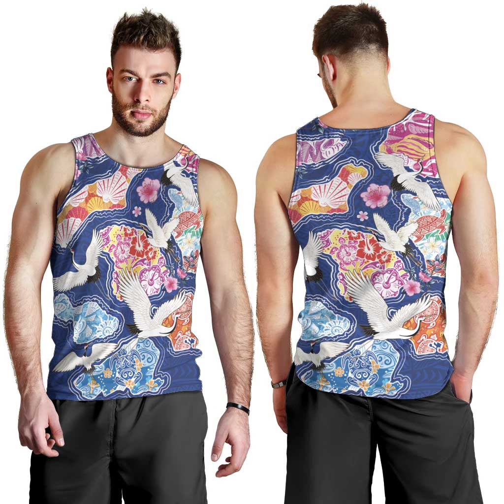 Hawaiian and Japanese Culture Together Men Tank Top Hawaiian Archipelago Shape Sea Animals