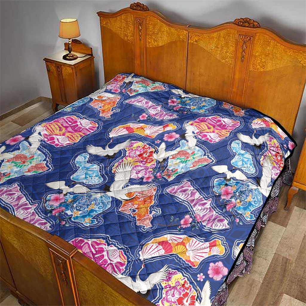 Hawaiian and Japanese Culture Together Quilt Hawaiian Archipelago Shape Sea Animals
