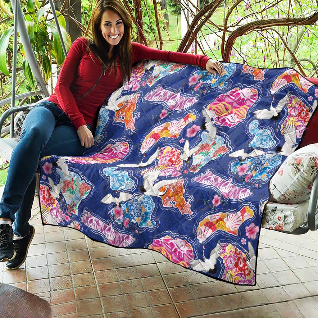 Hawaiian and Japanese Culture Together Quilt Hawaiian Archipelago Shape Sea Animals