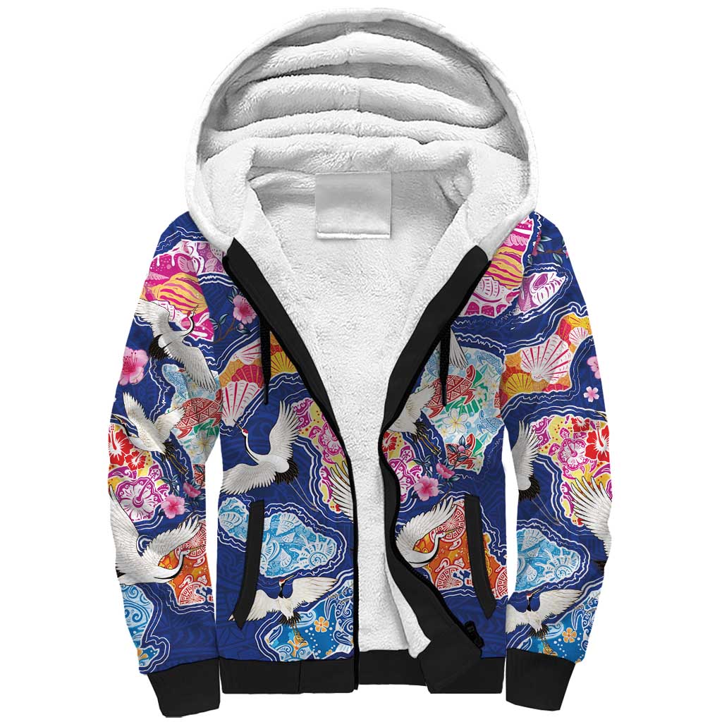 Hawaiian and Japanese Culture Together Sherpa Hoodie Hawaiian Archipelago Shape Sea Animals