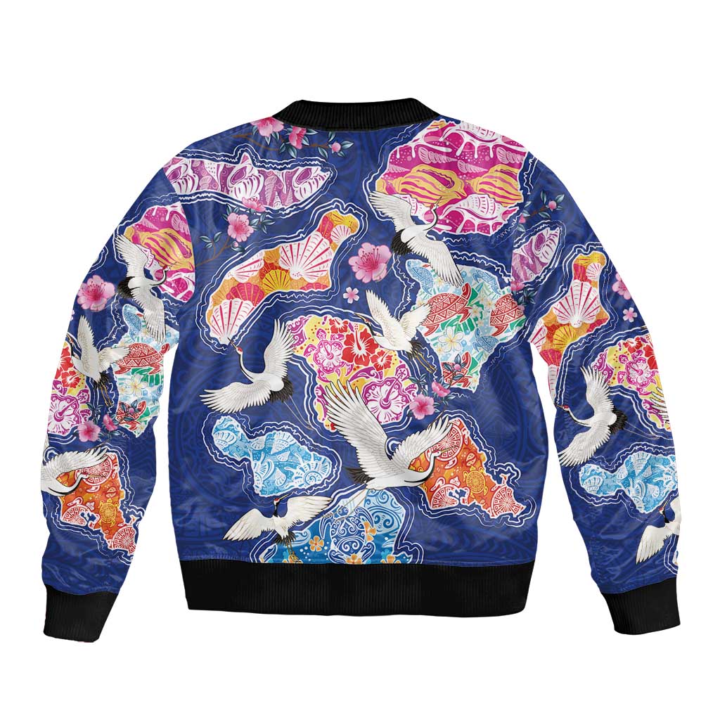 Hawaiian and Japanese Culture Together Sleeve Zip Bomber Jacket Hawaiian Archipelago Shape Sea Animals LT03 - Polynesian Pride