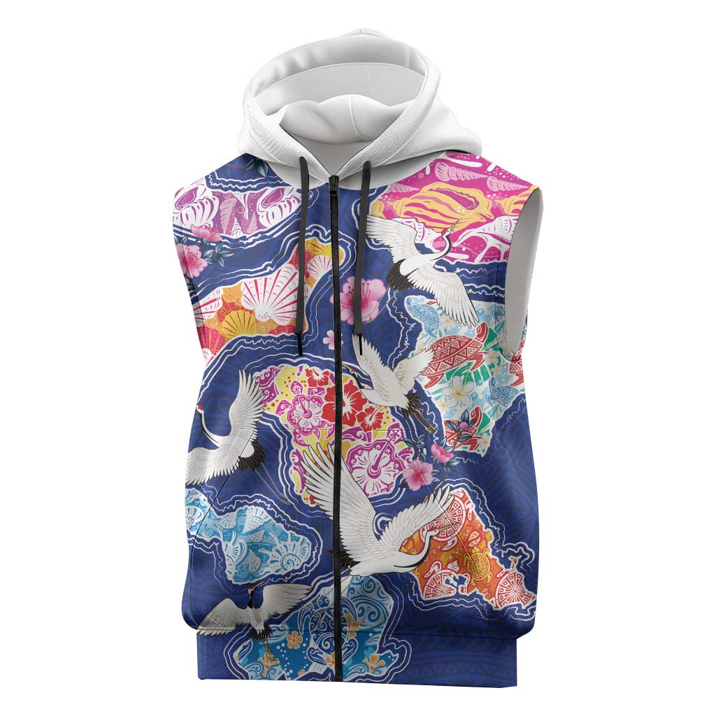Hawaiian and Japanese Culture Together Sleeveless Zip Hoodie Hawaiian Archipelago Shape Sea Animals
