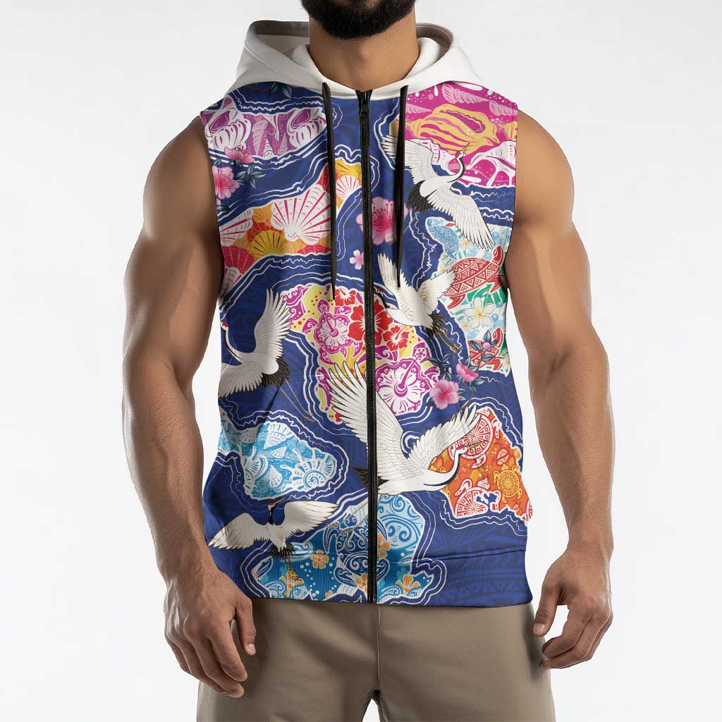 Hawaiian and Japanese Culture Together Sleeveless Zip Hoodie Hawaiian Archipelago Shape Sea Animals