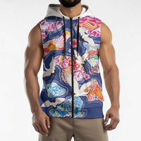 Hawaiian and Japanese Culture Together Sleeveless Zip Hoodie Hawaiian Archipelago Shape Sea Animals