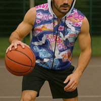 Hawaiian and Japanese Culture Together Sleeveless Zip Hoodie Hawaiian Archipelago Shape Sea Animals