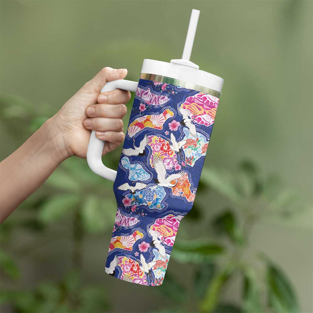 Hawaiian and Japanese Culture Together Tumbler With Handle Hawaiian Archipelago Shape Sea Animals