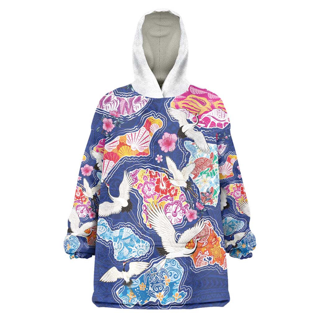 Hawaiian and Japanese Culture Together Wearable Blanket Hoodie Hawaiian Archipelago Shape Sea Animals
