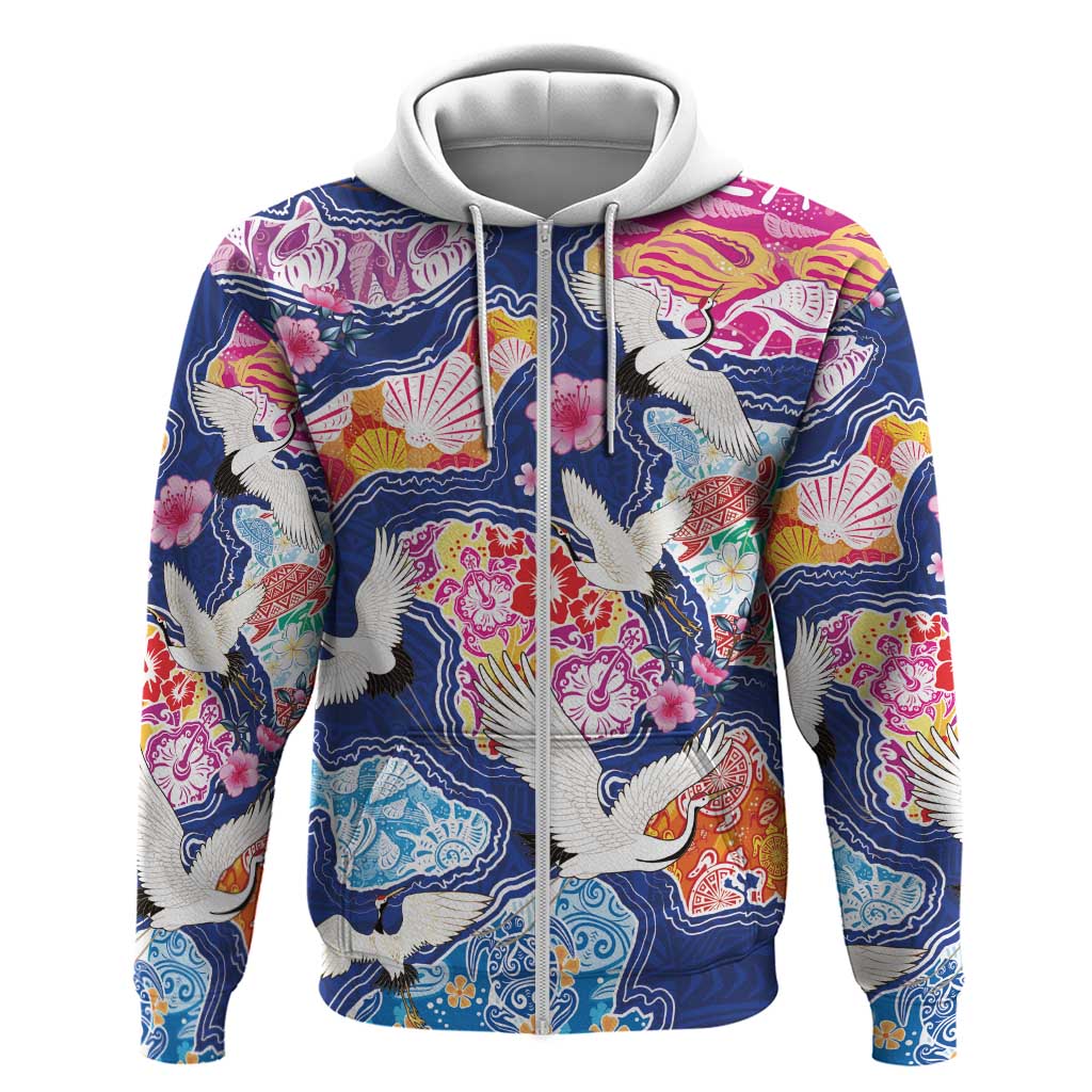 Hawaiian and Japanese Culture Together Zip Hoodie Hawaiian Archipelago Shape Sea Animals