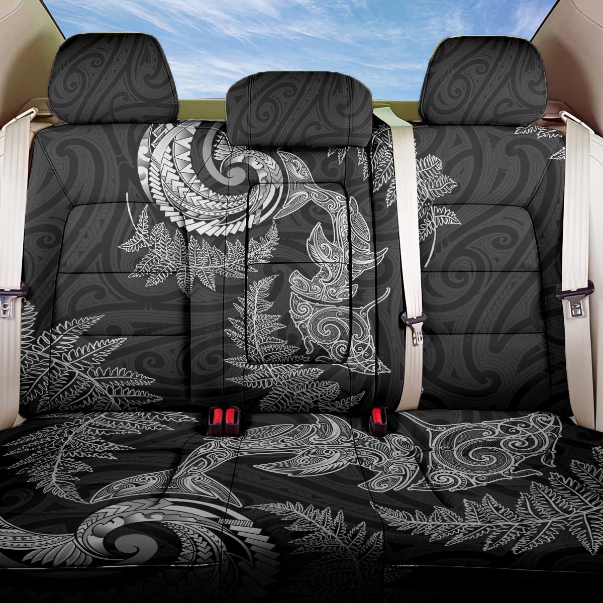 New Zealand Sea Animals with Maori Tribal Tattoo Back Car Seat Cover Shark Manta Ray with Silver Fern Black