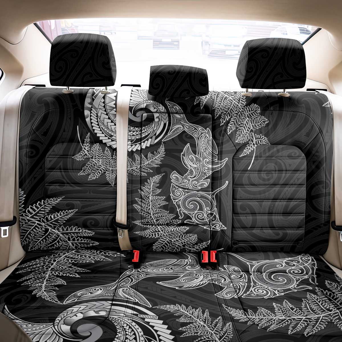 New Zealand Sea Animals with Maori Tribal Tattoo Back Car Seat Cover Shark Manta Ray with Silver Fern Black