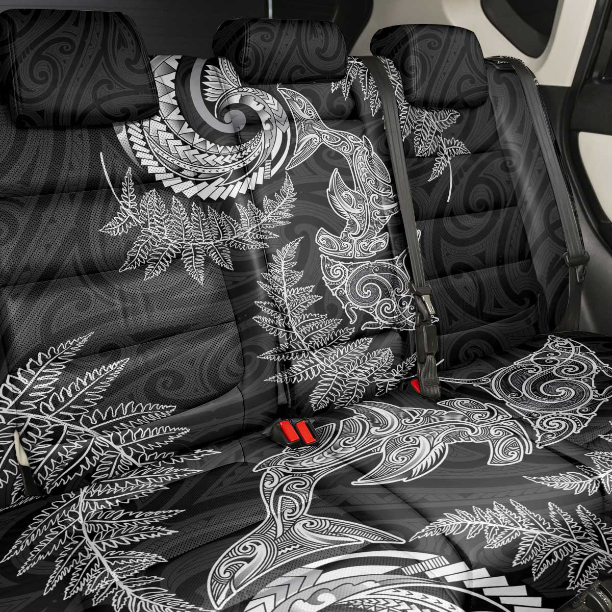 New Zealand Sea Animals with Maori Tribal Tattoo Back Car Seat Cover Shark Manta Ray with Silver Fern Black