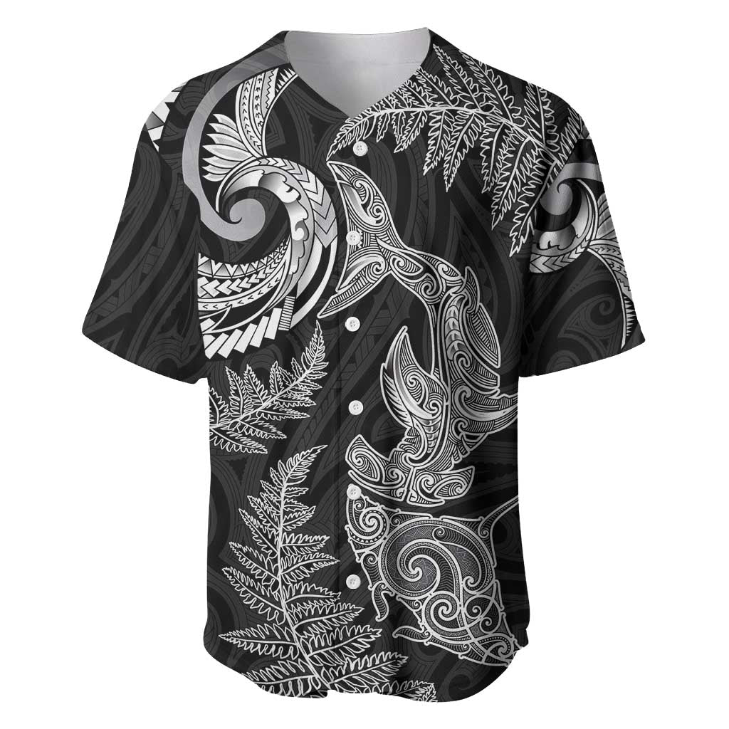 New Zealand Sea Animals with Maori Tribal Tattoo Baseball Jersey Shark Manta Ray with Silver Fern Black