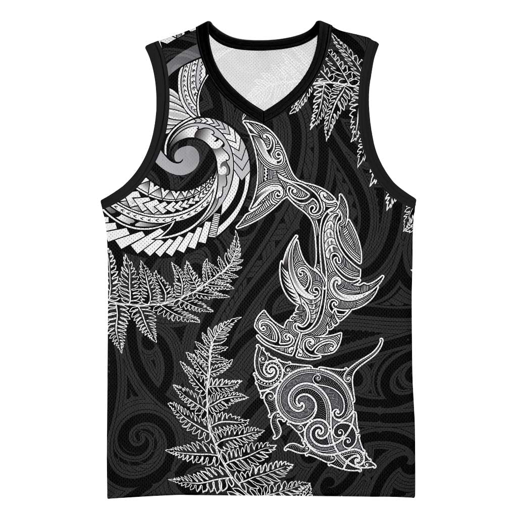 New Zealand Sea Animals with Maori Tribal Tattoo Basketball Jersey Shark Manta Ray with Silver Fern Black