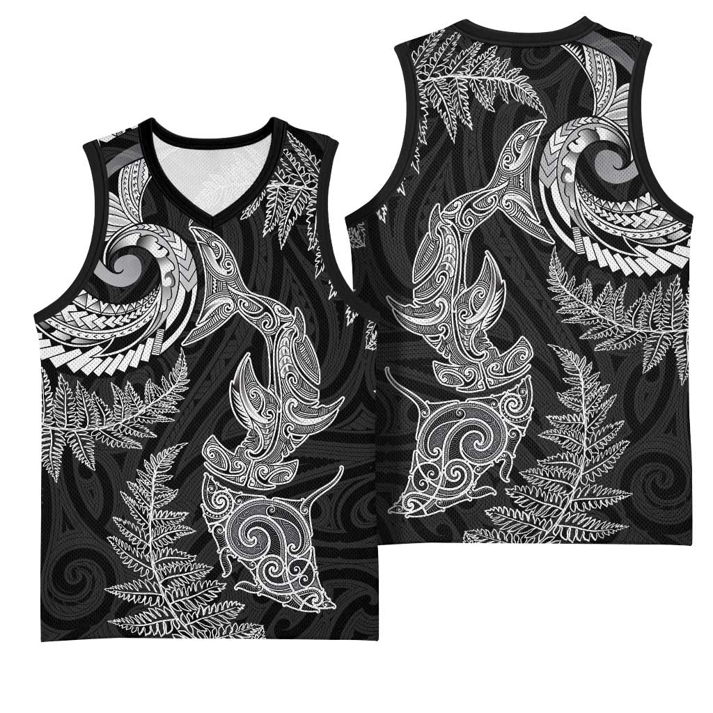New Zealand Sea Animals with Maori Tribal Tattoo Basketball Jersey Shark Manta Ray with Silver Fern Black