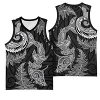 New Zealand Sea Animals with Maori Tribal Tattoo Basketball Jersey Shark Manta Ray with Silver Fern Black