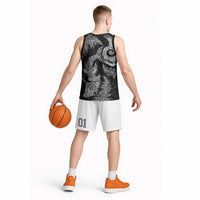 New Zealand Sea Animals with Maori Tribal Tattoo Basketball Jersey Shark Manta Ray with Silver Fern Black