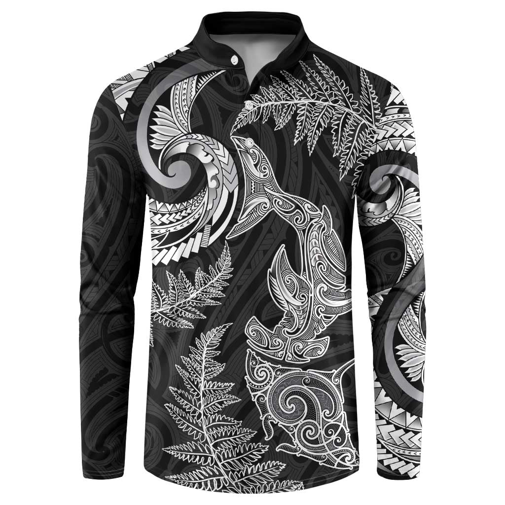 New Zealand Sea Animals with Maori Tribal Tattoo Button Sweatshirt Shark Manta Ray with Silver Fern Black