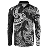 New Zealand Sea Animals with Maori Tribal Tattoo Button Sweatshirt Shark Manta Ray with Silver Fern Black