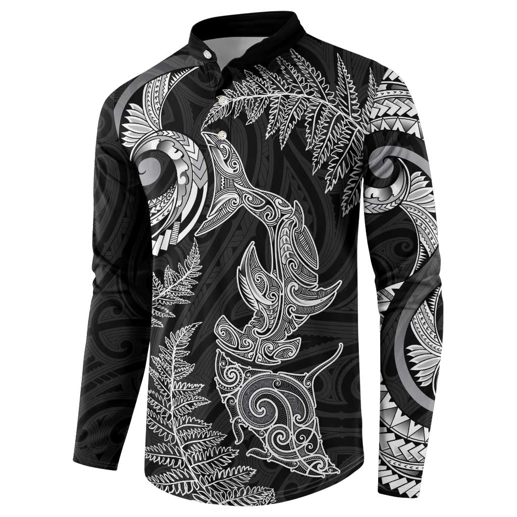 New Zealand Sea Animals with Maori Tribal Tattoo Button Sweatshirt Shark Manta Ray with Silver Fern Black