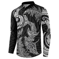 New Zealand Sea Animals with Maori Tribal Tattoo Button Sweatshirt Shark Manta Ray with Silver Fern Black