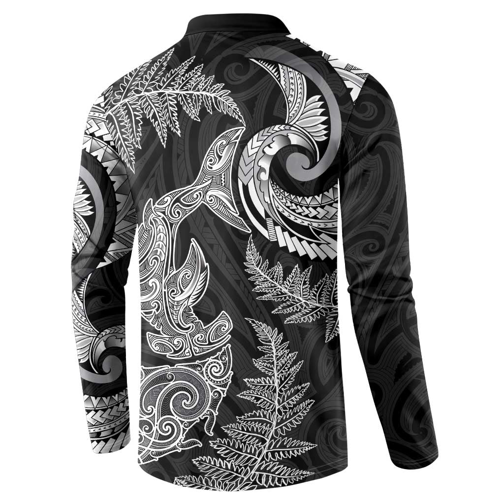 New Zealand Sea Animals with Maori Tribal Tattoo Button Sweatshirt Shark Manta Ray with Silver Fern Black