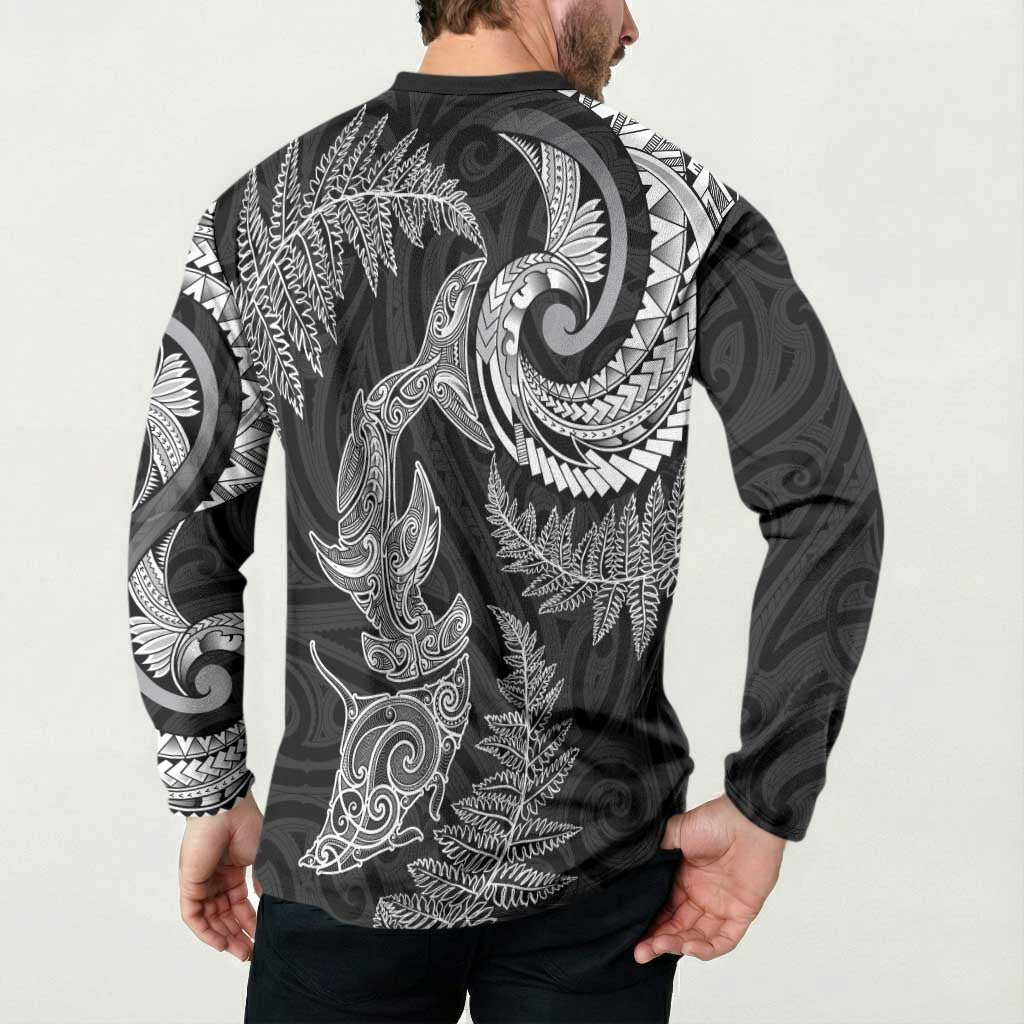 New Zealand Sea Animals with Maori Tribal Tattoo Button Sweatshirt Shark Manta Ray with Silver Fern Black