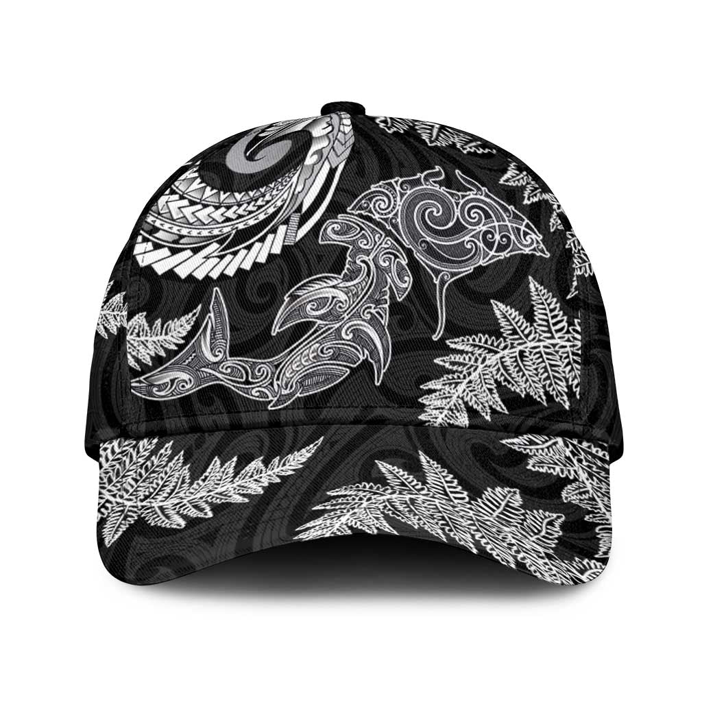 New Zealand Sea Animals with Maori Tribal Tattoo Classic Cap Shark Manta Ray with Silver Fern Black