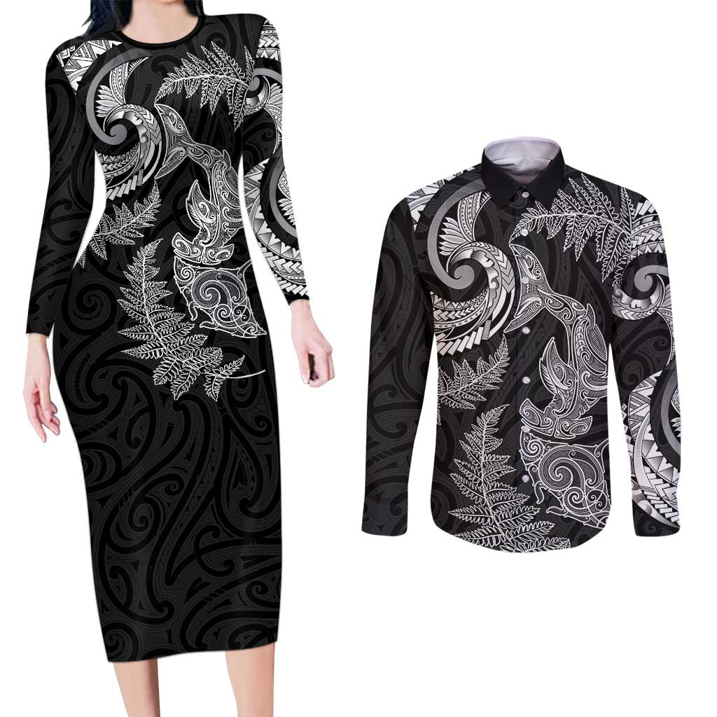 New Zealand Sea Animals with Maori Tribal Tattoo Couples Matching Long Sleeve Bodycon Dress and Long Sleeve Button Shirt Shark Manta Ray with Silver Fern Black