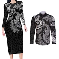 New Zealand Sea Animals with Maori Tribal Tattoo Couples Matching Long Sleeve Bodycon Dress and Long Sleeve Button Shirt Shark Manta Ray with Silver Fern Black