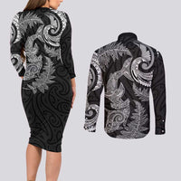 New Zealand Sea Animals with Maori Tribal Tattoo Couples Matching Long Sleeve Bodycon Dress and Long Sleeve Button Shirt Shark Manta Ray with Silver Fern Black