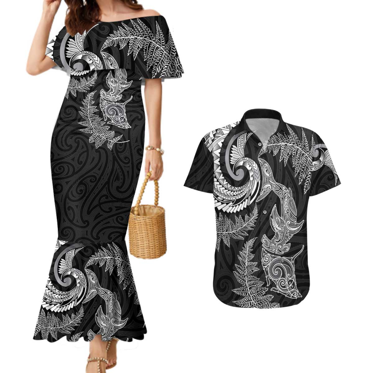 New Zealand Sea Animals with Maori Tribal Tattoo Couples Matching Mermaid Dress and Hawaiian Shirt Shark Manta Ray with Silver Fern Black