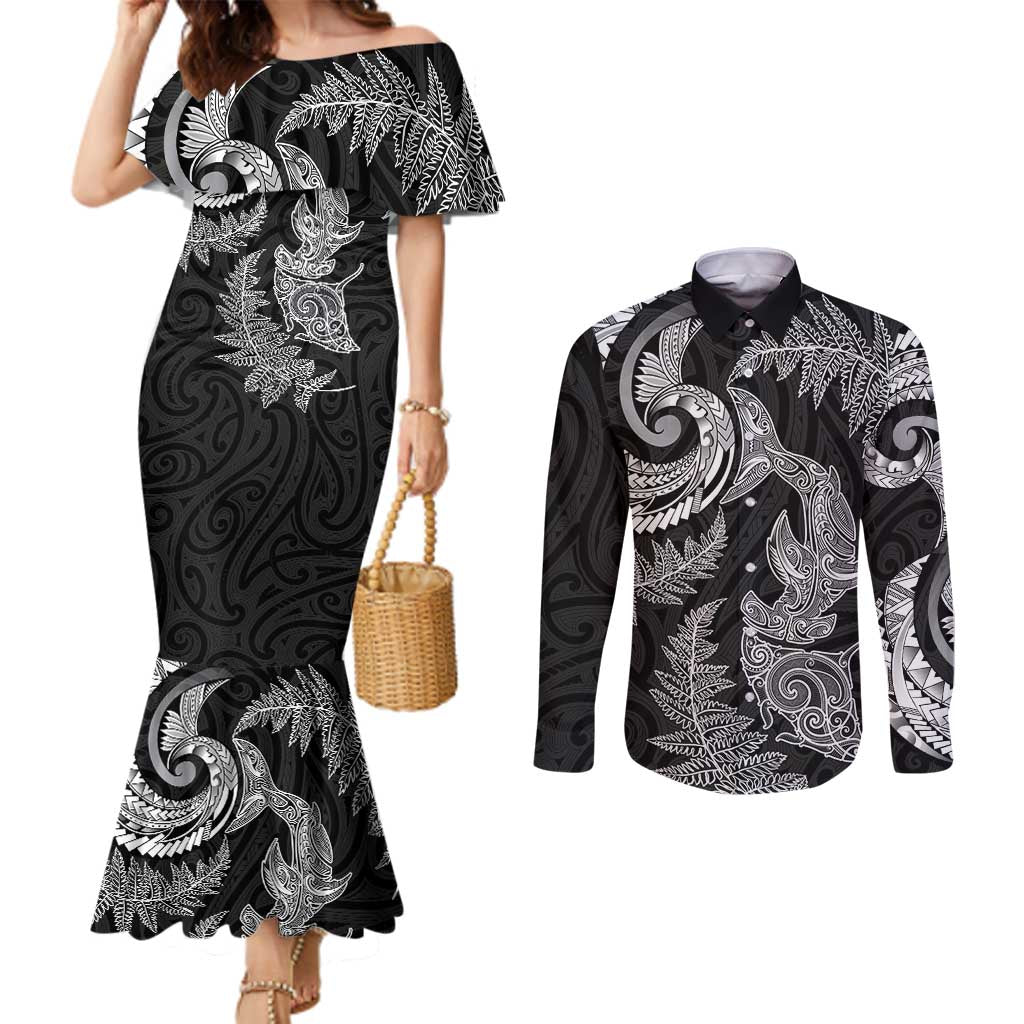 New Zealand Sea Animals with Maori Tribal Tattoo Couples Matching Mermaid Dress and Long Sleeve Button Shirt Shark Manta Ray with Silver Fern Black