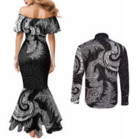 New Zealand Sea Animals with Maori Tribal Tattoo Couples Matching Mermaid Dress and Long Sleeve Button Shirt Shark Manta Ray with Silver Fern Black